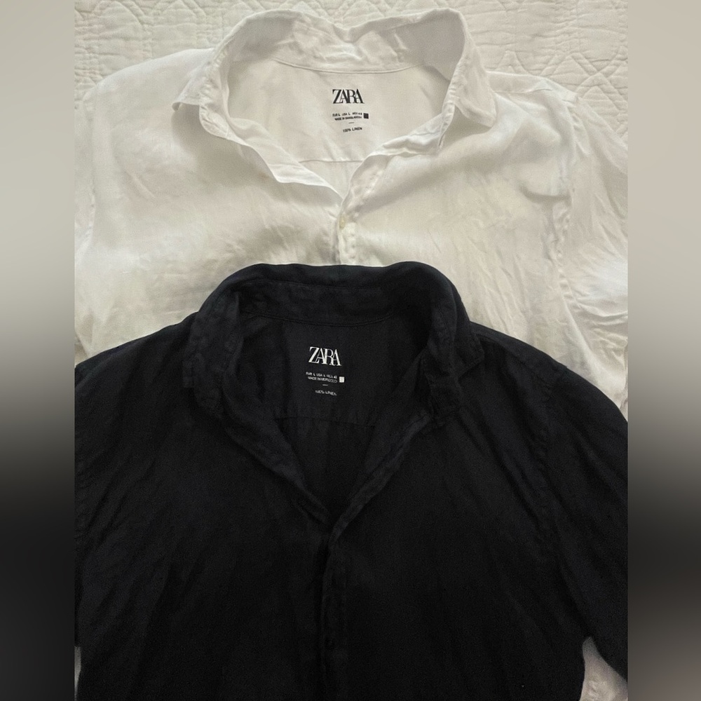 Zara men 100% linen shirts Sz L white navy